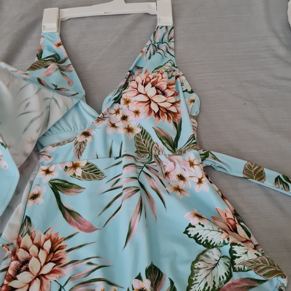 Kona Sol-Wrap-Front High Coverage One Piece Swimsuit,light blue Tropical Print - Picture 11 of 11